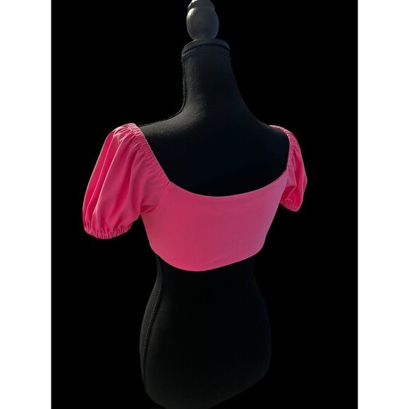 Susana Monaco Pink Short Sleeve Tie-Front Crop Top, Ballon Sleeve, Summer, beach - Picture 5 of 7